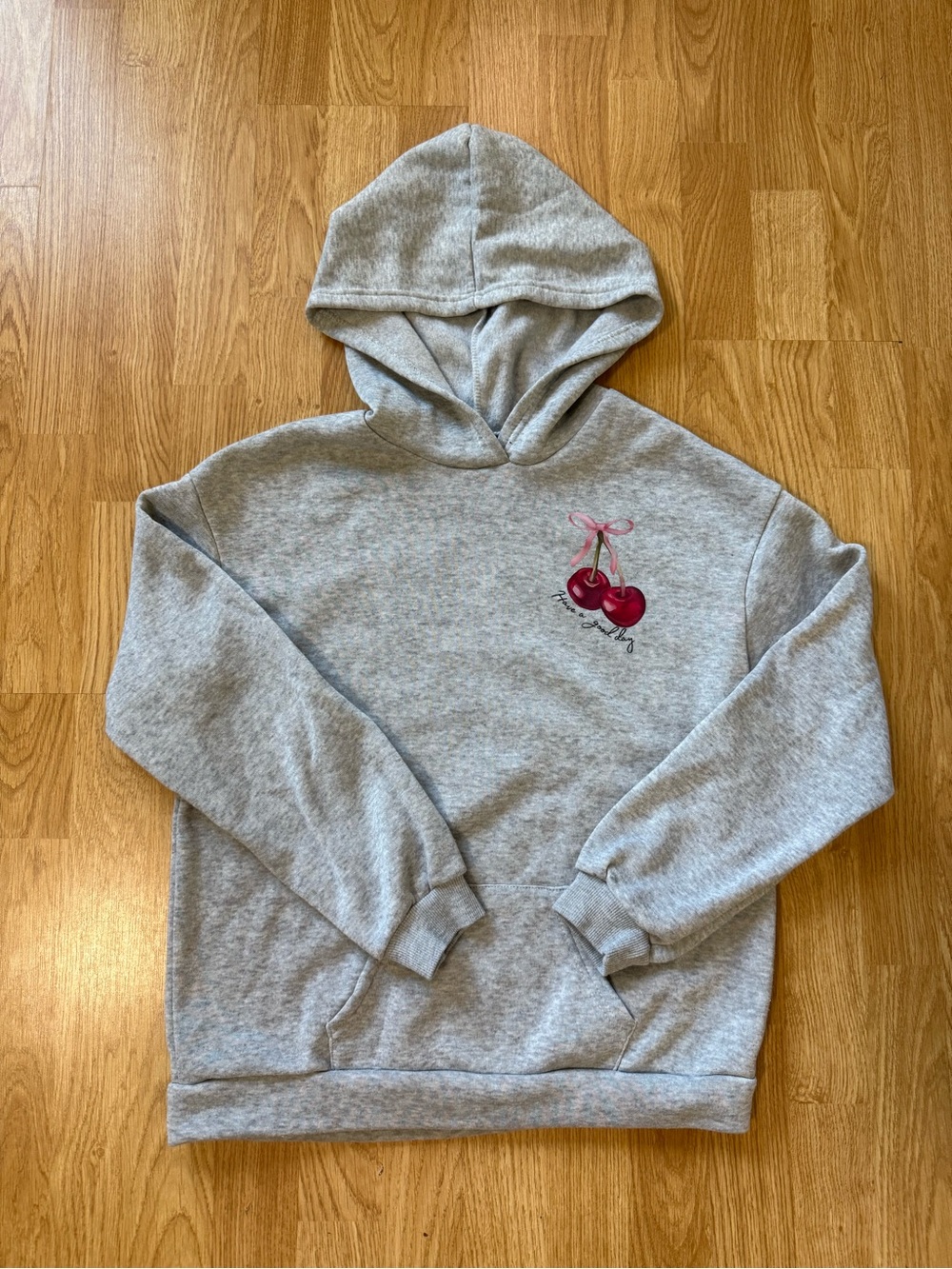 SHEIN Girls  Grey Cherry Bow Print Fleece Lined Hoodie - 12